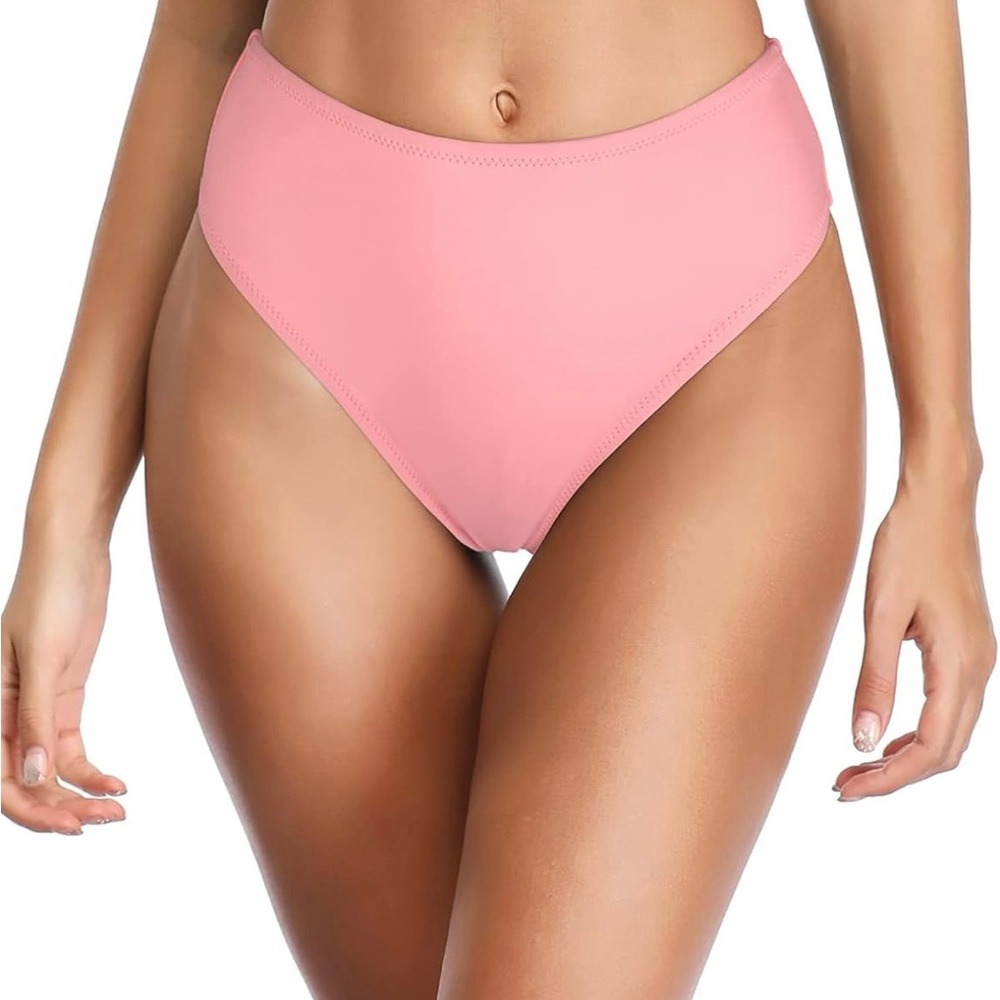 Relleciga Medium Pink High Waisted Bikini Bottoms Cheeky Cut Swimsuit Beachwear